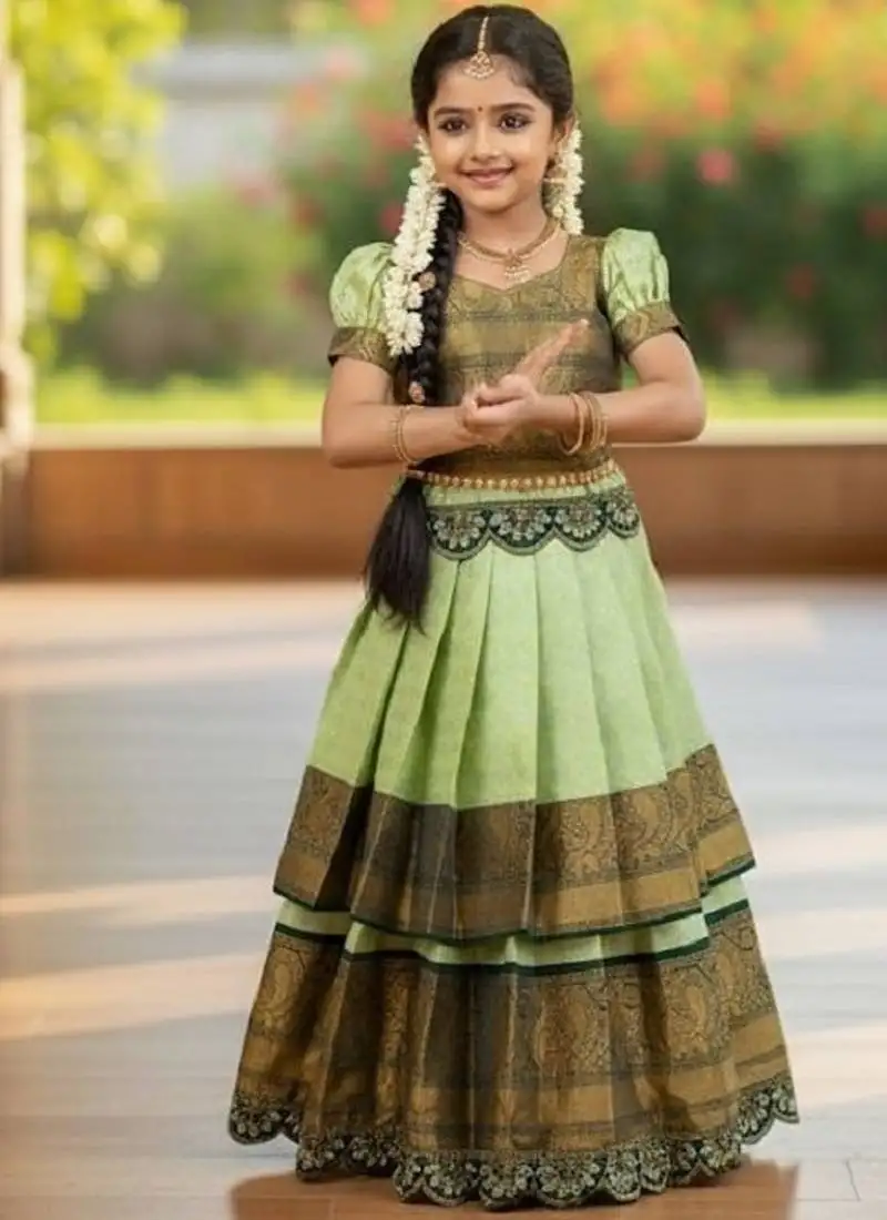 Light green soft silk pattu pavadai set