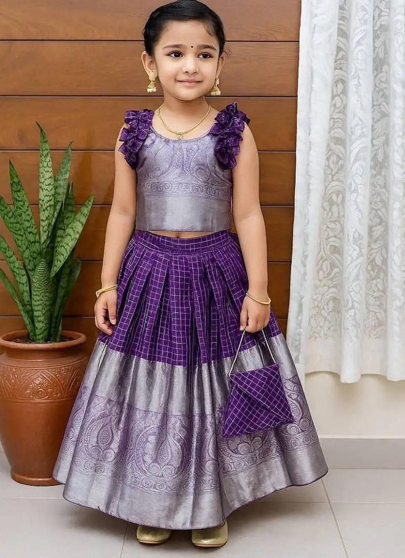 Purple soft organza zari weaving pavadai set