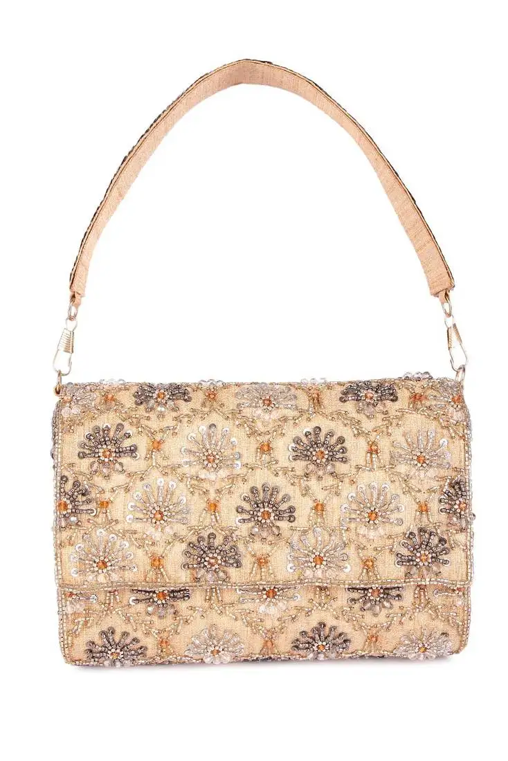 Gold sequin embroidered silk clutch