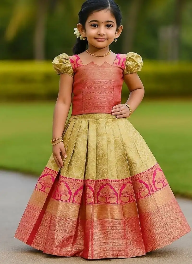 Beige soft silk zari weaving ready to wear pattu pavadai