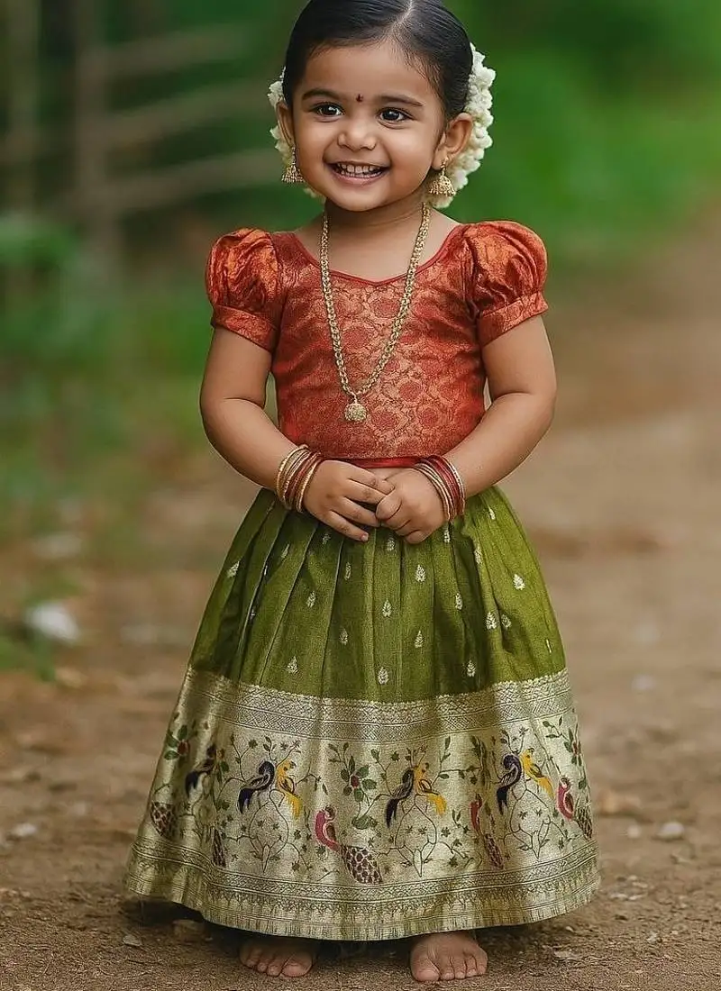 Mehendi soft silk pure zari pattu pavadai set