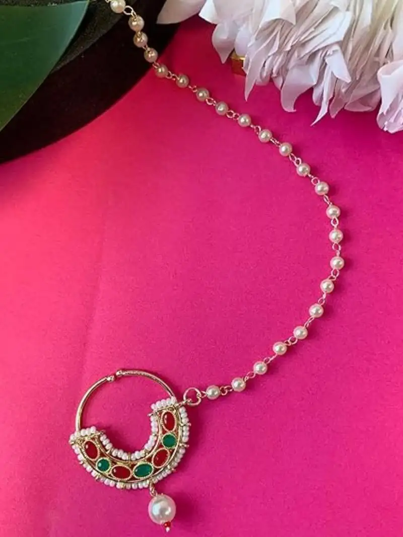 Bridal nose ring::Nath without piercing with pearl chain encased with pearl stone for women