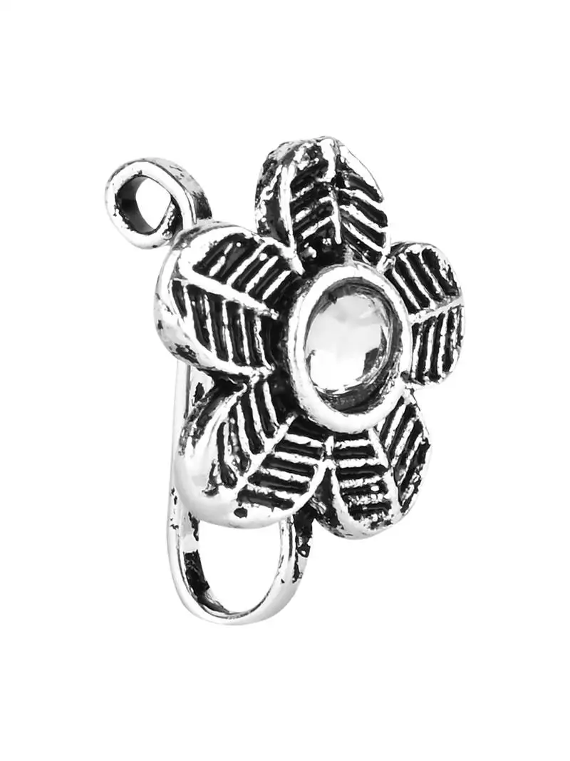 Navratri ethnic silver plated floral shaped clip on non piercing pressing type nose pin, nose ring stud for women