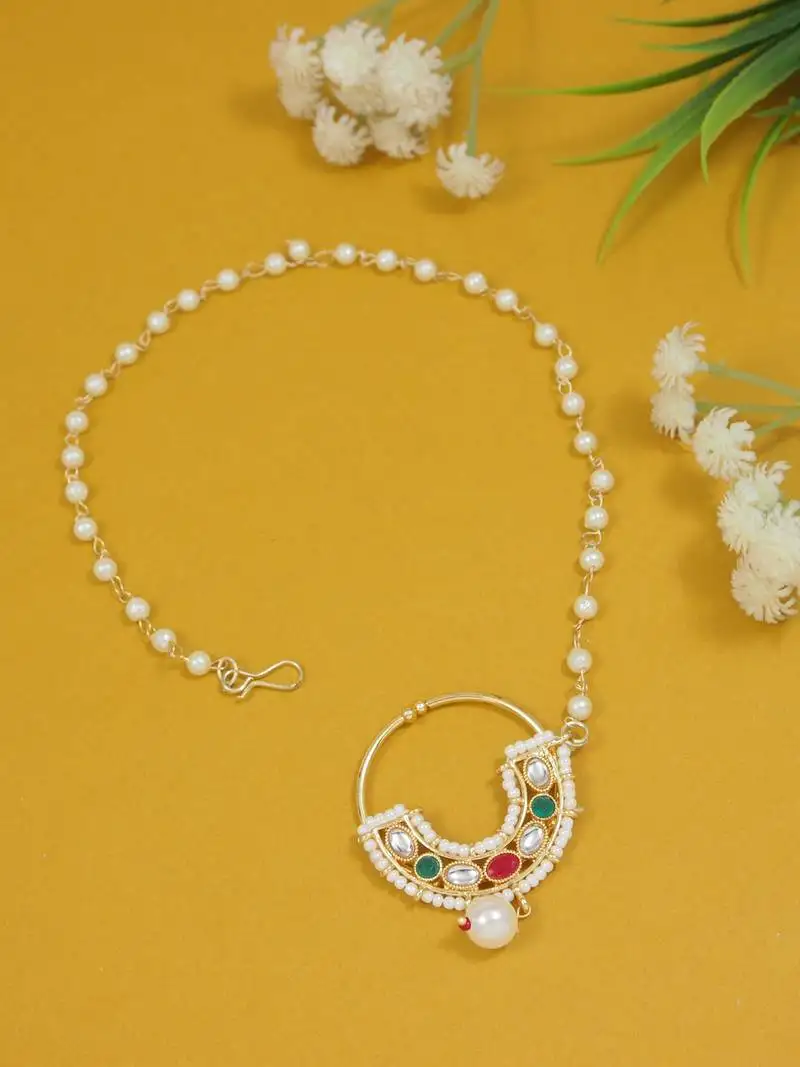 Ethnic bridal nose ring::Nath without piercing with pearl chain encased with pearl stone for women