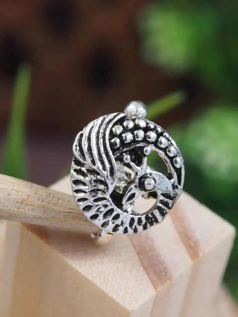 Navratri ethnic silver plated peacock design clip on non piercing pressing type nose pin, nose ring stud for women
