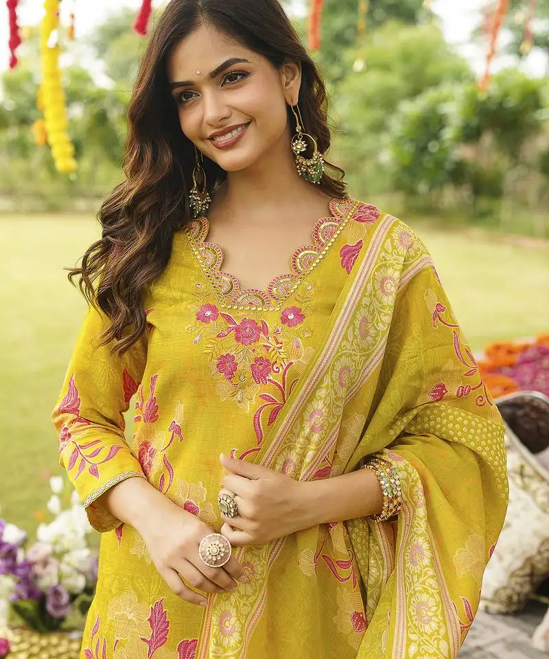 Women yellow viscose rayon floral embroidered straight kurta trousers with dupatta