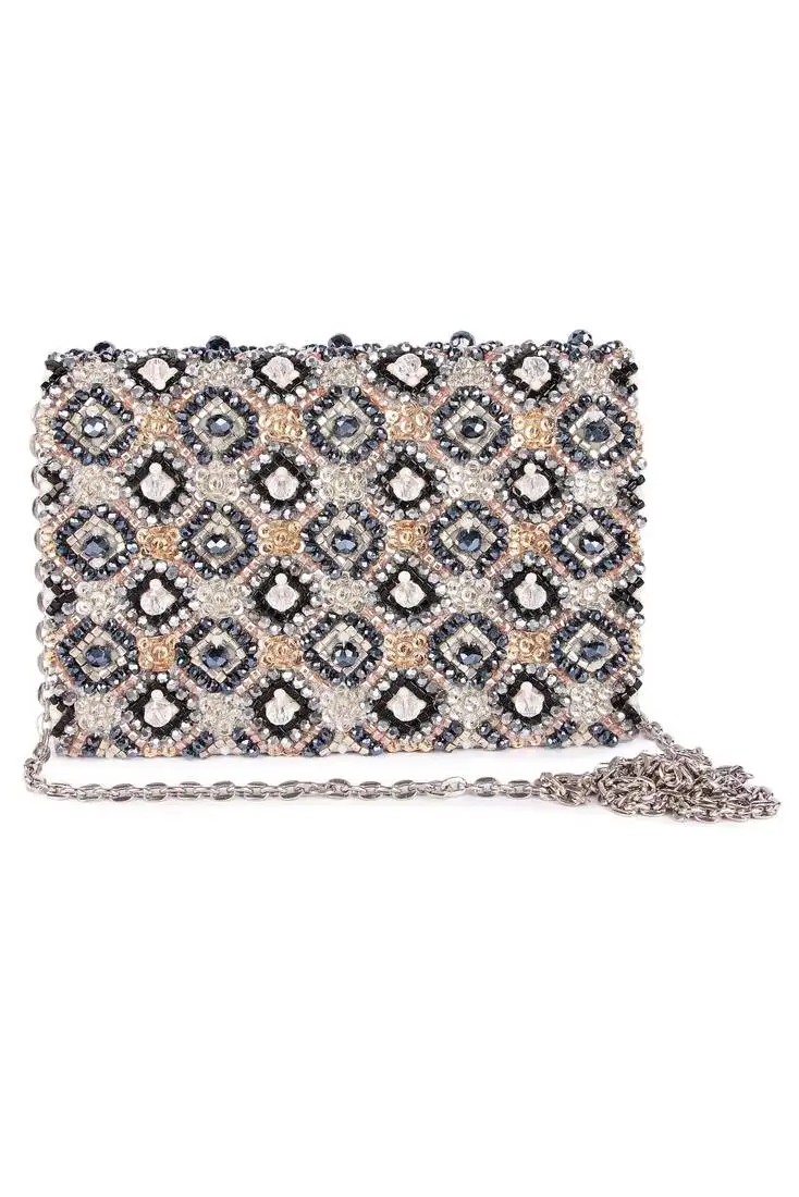 Multicolor beads embroidered leather clutch