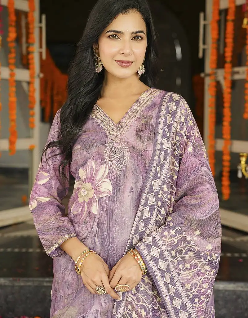 Women lavender viscose rayon floral embroidered straight kurta trousers with dupatta