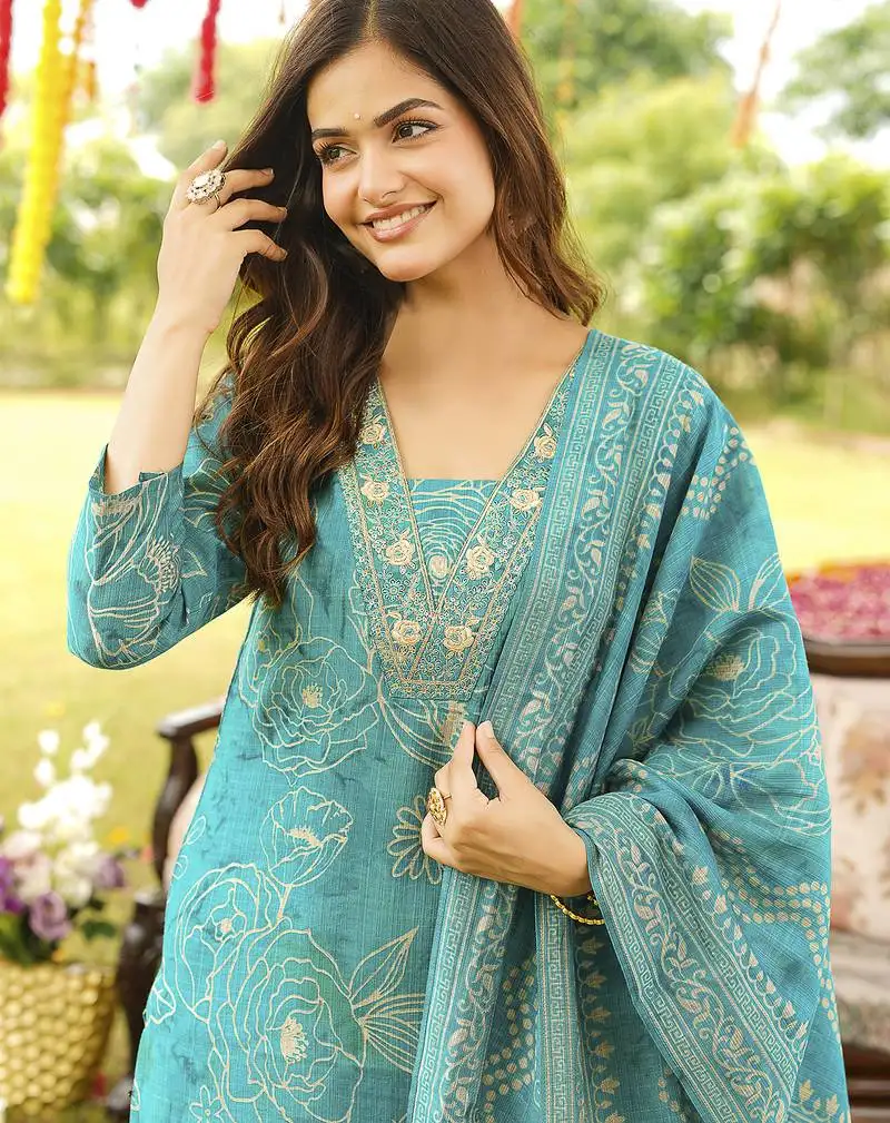 Women blue viscose rayon floral embroidered straight kurta trousers with dupatta