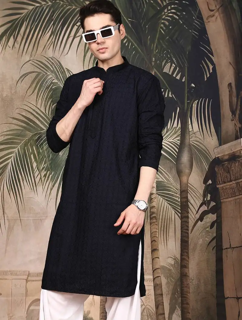 Black cotton embroidered kurta for men