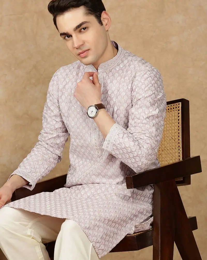 Red cotton embroidered kurta for men