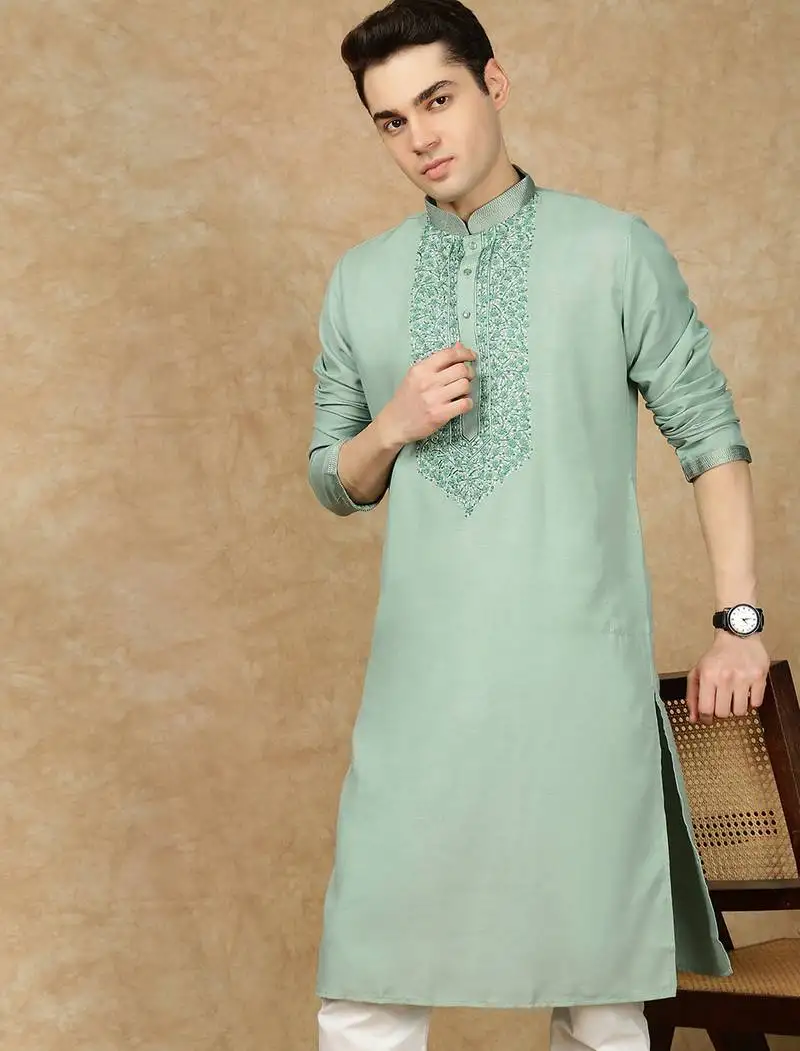 Green cotton embroidered kurta for men