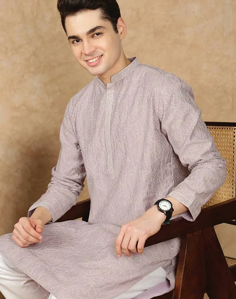 Light brown cotton printed kurta for men
