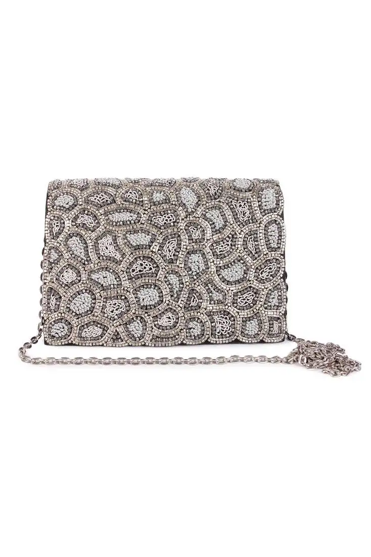 Silver embroidered silk clutch