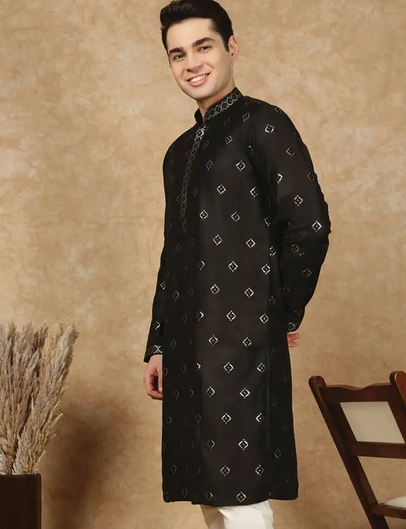 Black cotton printed kurta for men