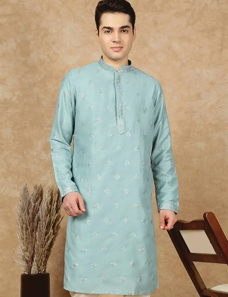 Green cotton printed kurta for men