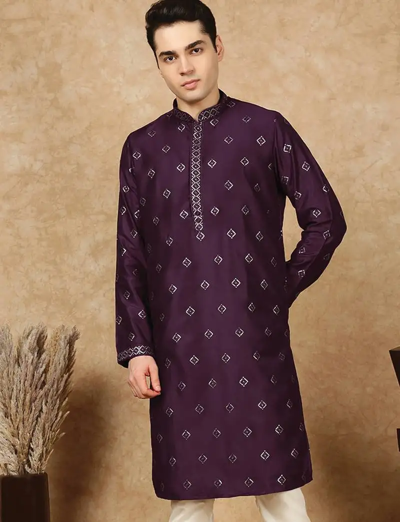 Purple cotton solid kurta for men