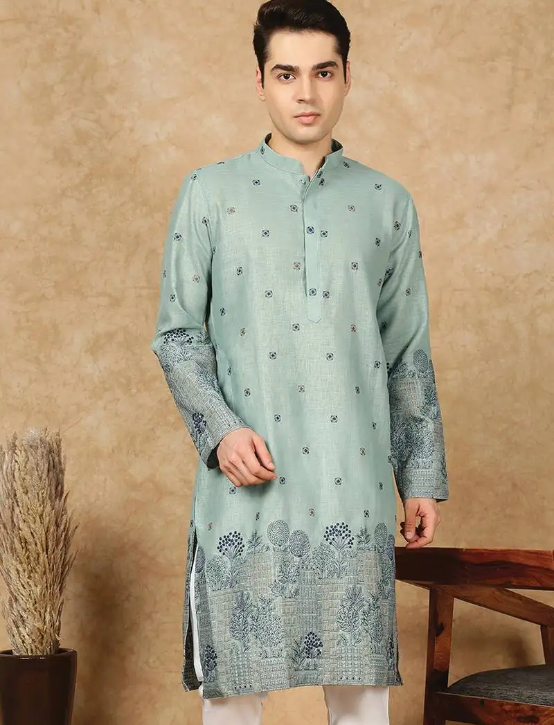 Green cotton solid kurta for men