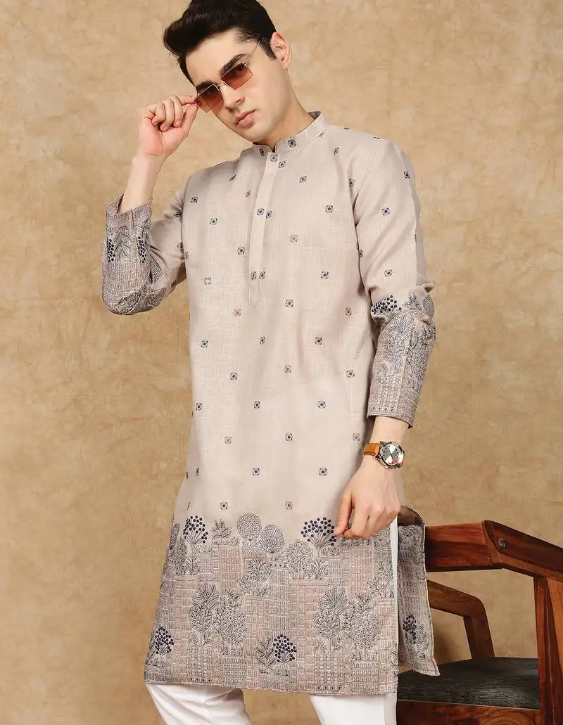 Beige cotton solid kurta for men