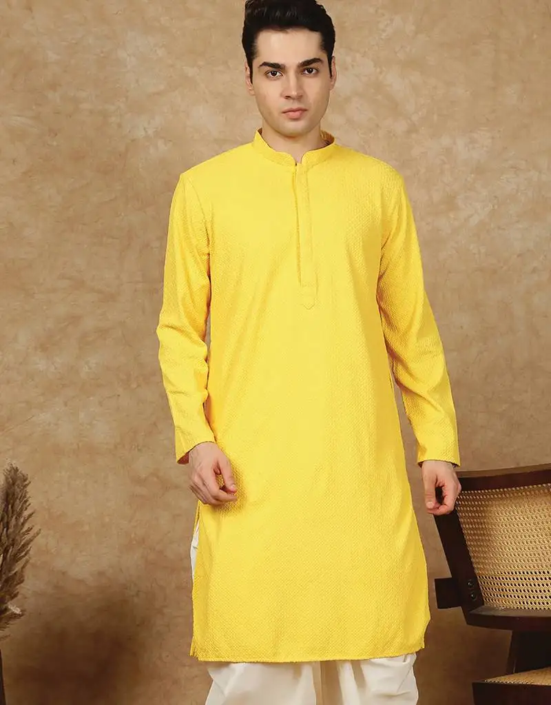 Yellow polysilk sequins kurta for men