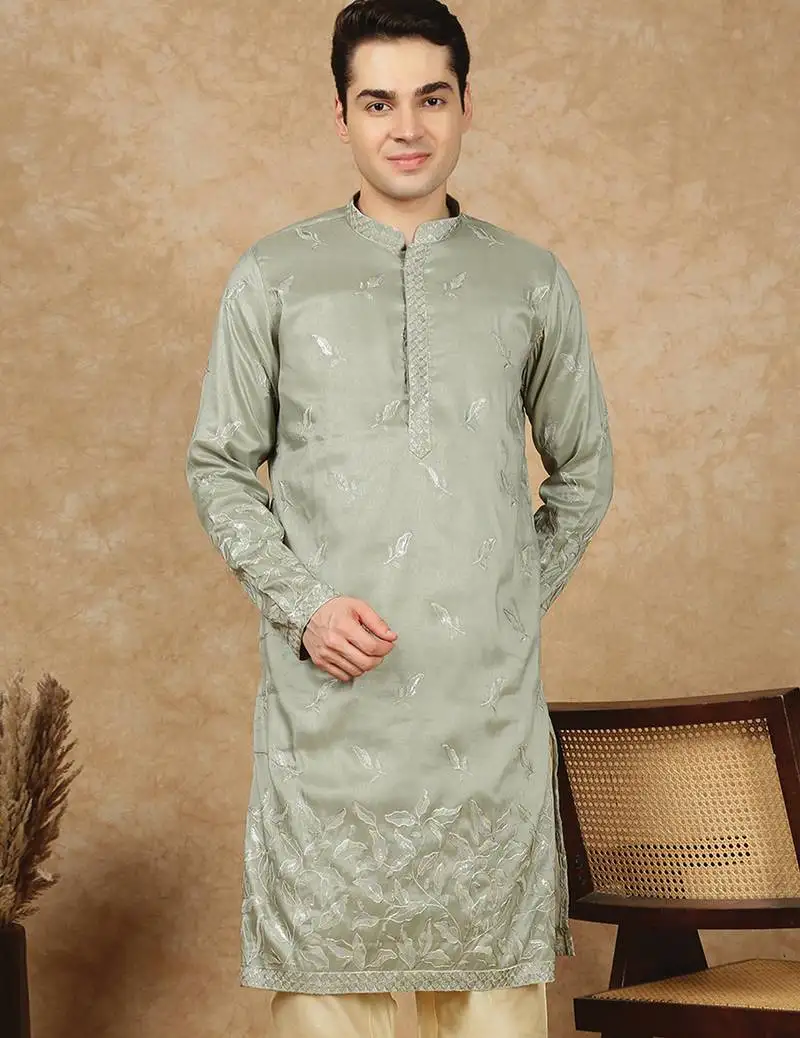 Green polysilk sequins kurta for men