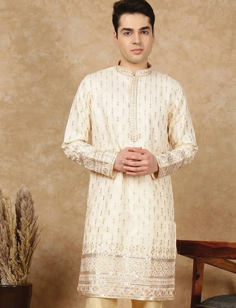 Beige polysilk sequins kurta for men