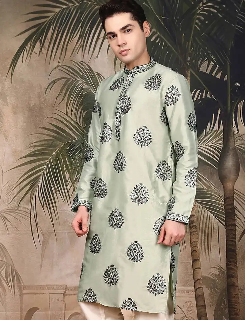 Green silk embroidered kurta for men