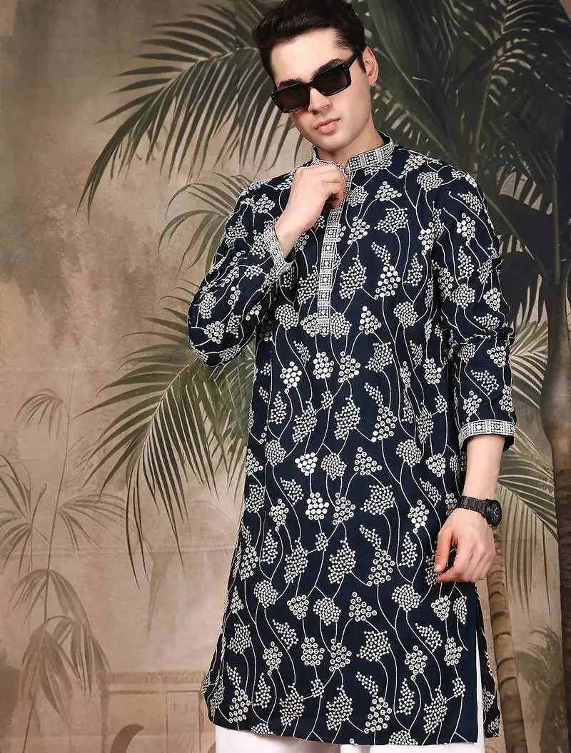 Blue silk sequins kurta for men