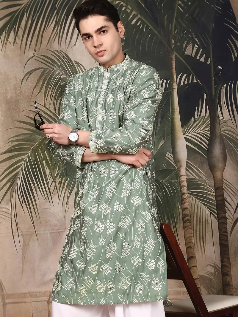 Green silk sequins kurta for men