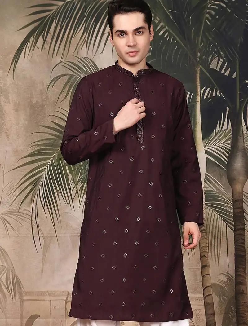 Purple silk blend sequins kurta for men