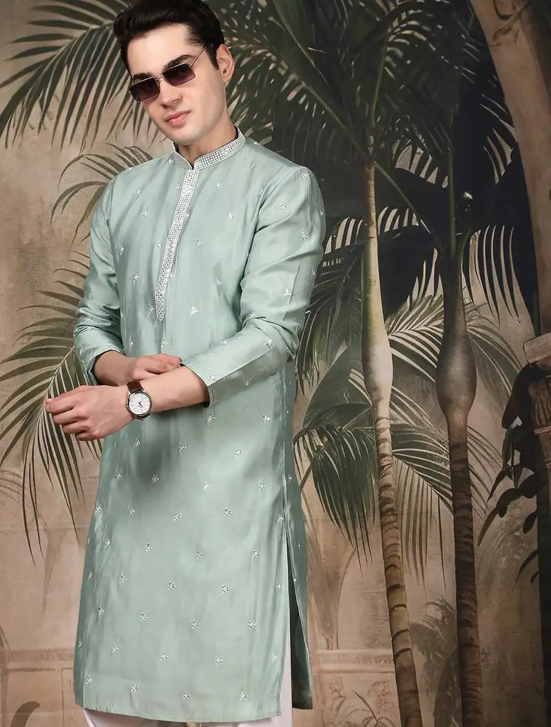 Green silk blend sequins kurta for men
