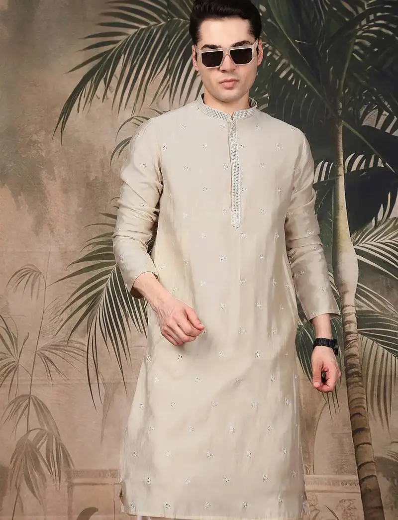 Beige silk blend sequins kurta for men