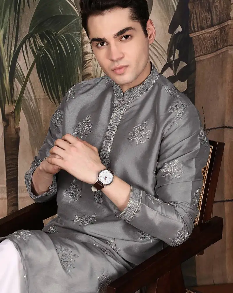 Grey silk blend sequins kurta for men