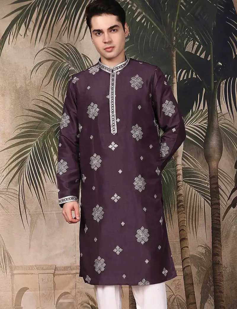 Purple silk blend solid kurta for men