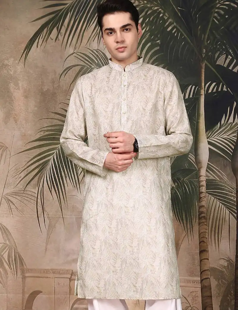 Beige silk blend solid kurta for men