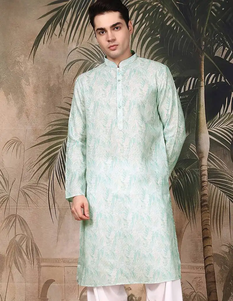 Green silk blend solid kurta for men