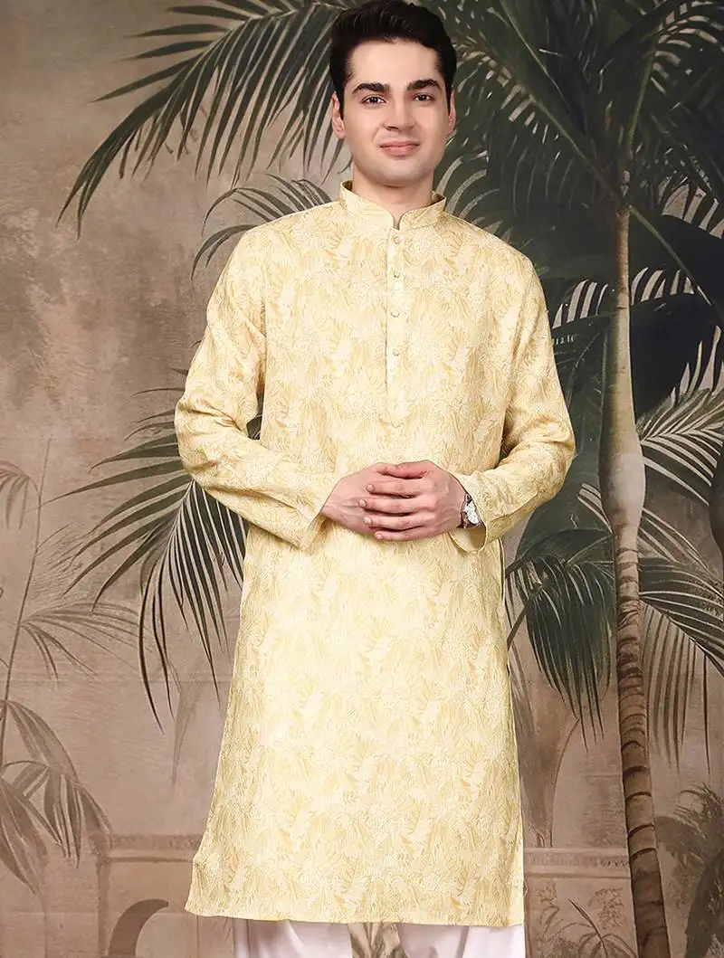 Yellow silk blend solid kurta for men
