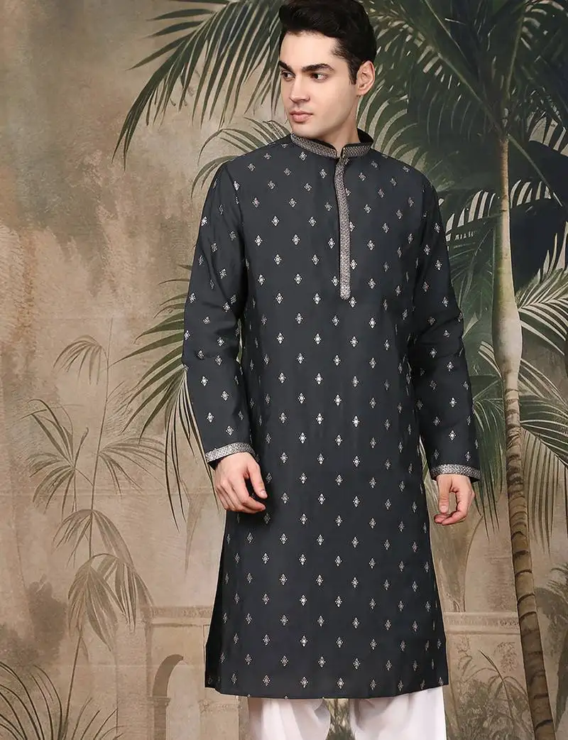 Grey silk blend embroidered kurta for men