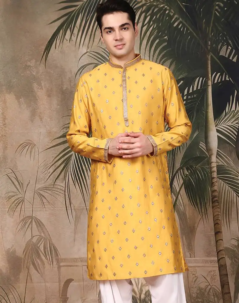 Mustard silk blend embroidered kurta for men
