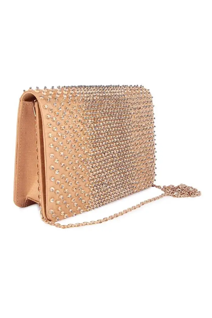 Gold beads embroidered silk clutch