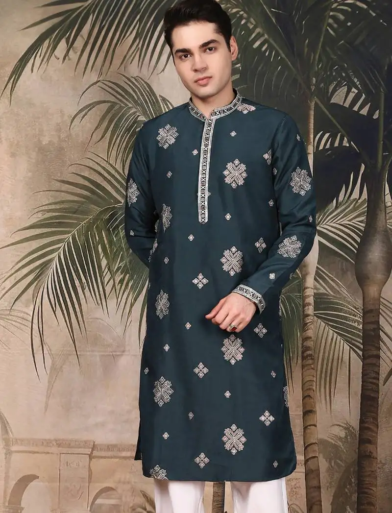 Blue silk blend thread work kurta for men