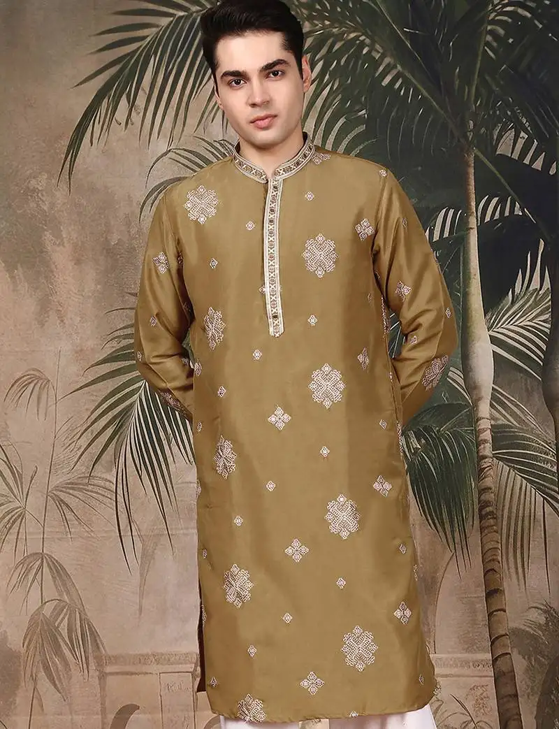 Brown silk blend thread work kurta for men