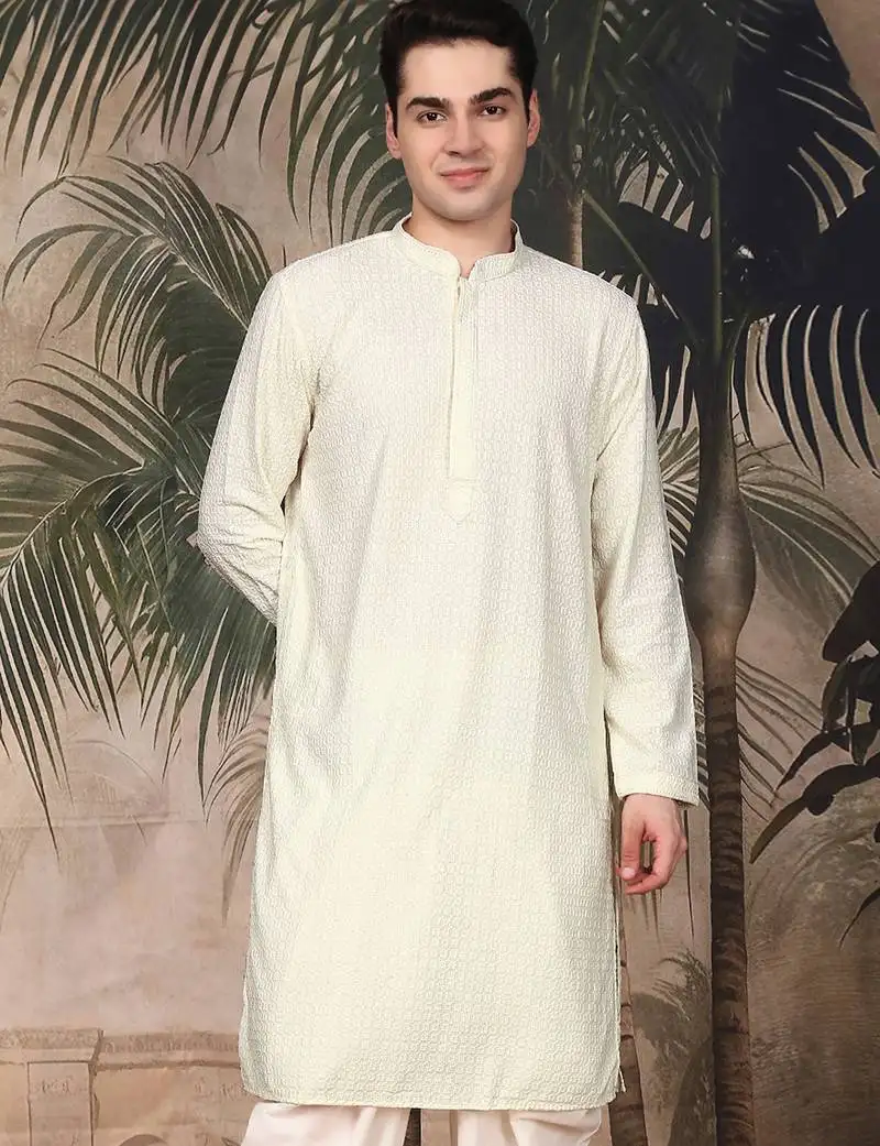 Off white silk blend thread work kurta for men