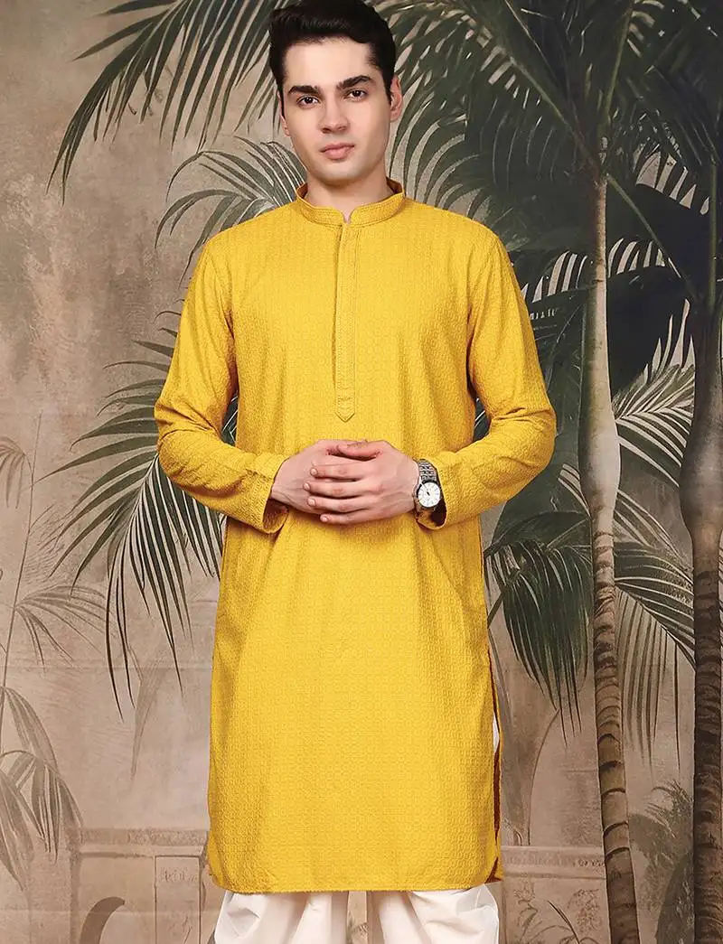 Mustard silk blend thread work kurta for men