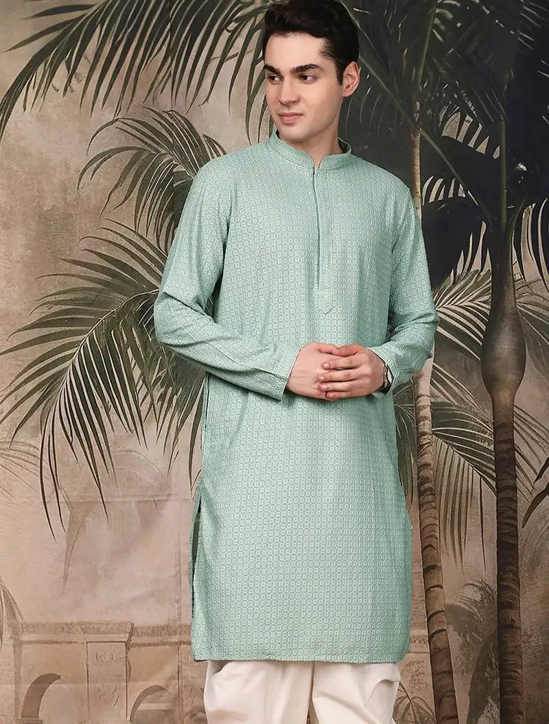 Green silk blend thread work kurta for men