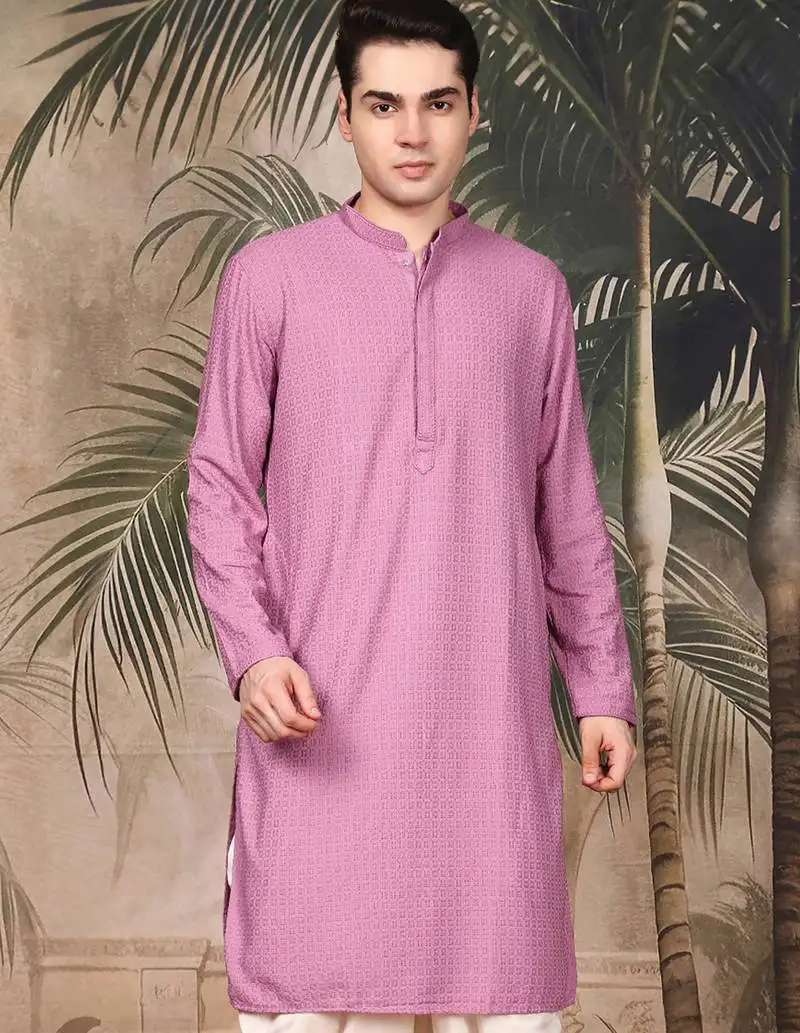 Pink silk blend embroidred kurta for men