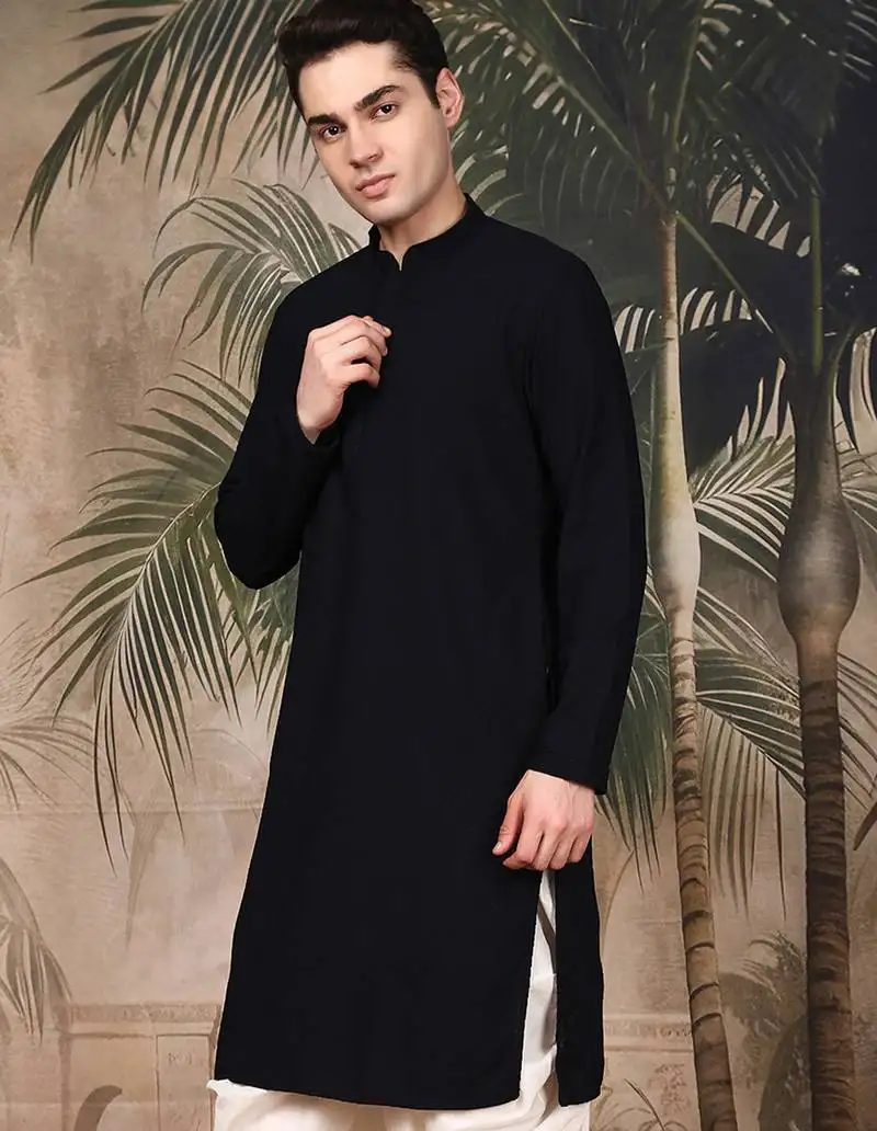 Blue silk blend embroidred kurta for men