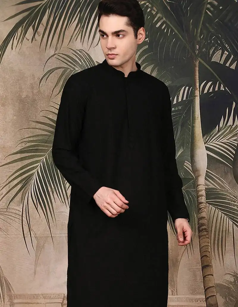 Black silk blend embroidred kurta for men