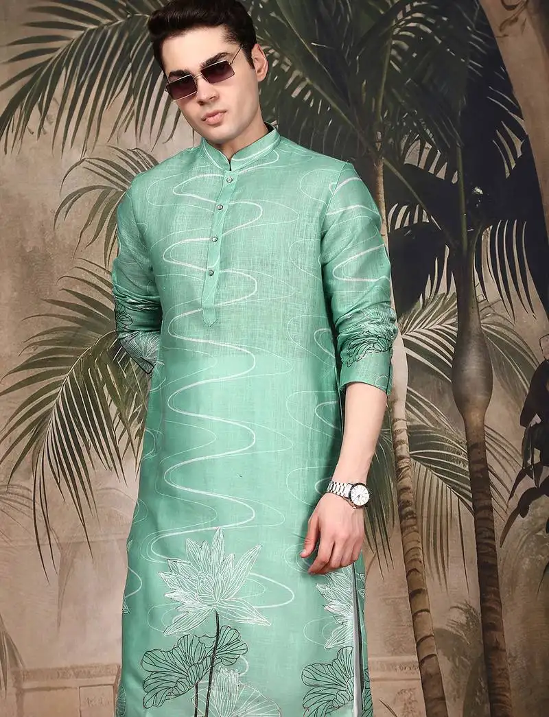Green silk blend embroidred kurta for men