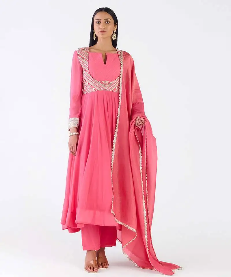 Rani-pink embroidered chanderi anarkali